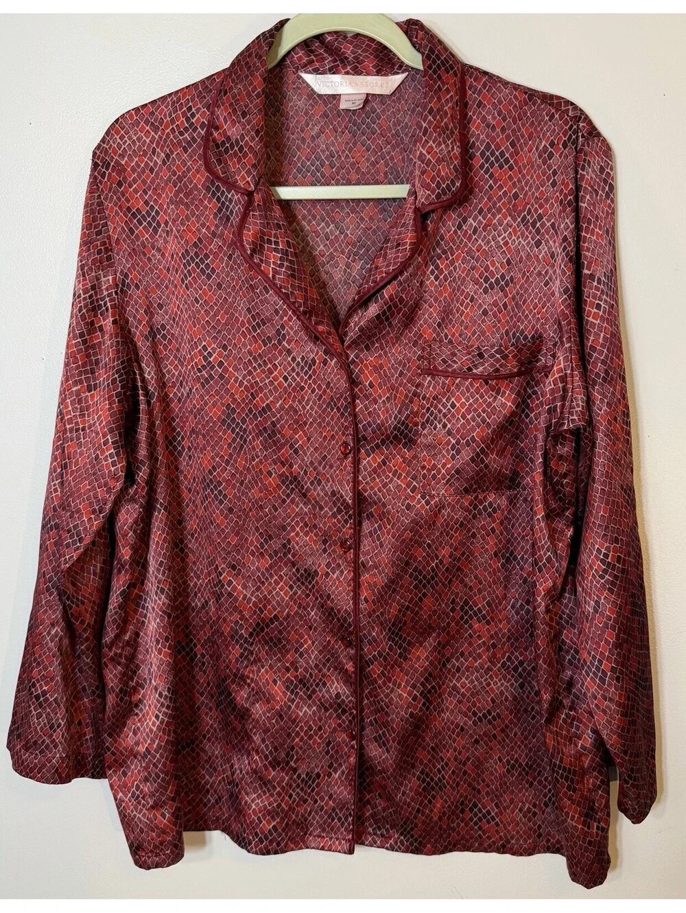 Victoria Secret Satin Pajama Set Med Red Black Snakeskin Print Button Up PJ GUC